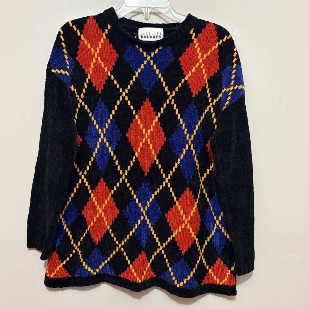 VTG‎ 90s Chenille Argyle Sweater Carolina Colours Retro Bold M